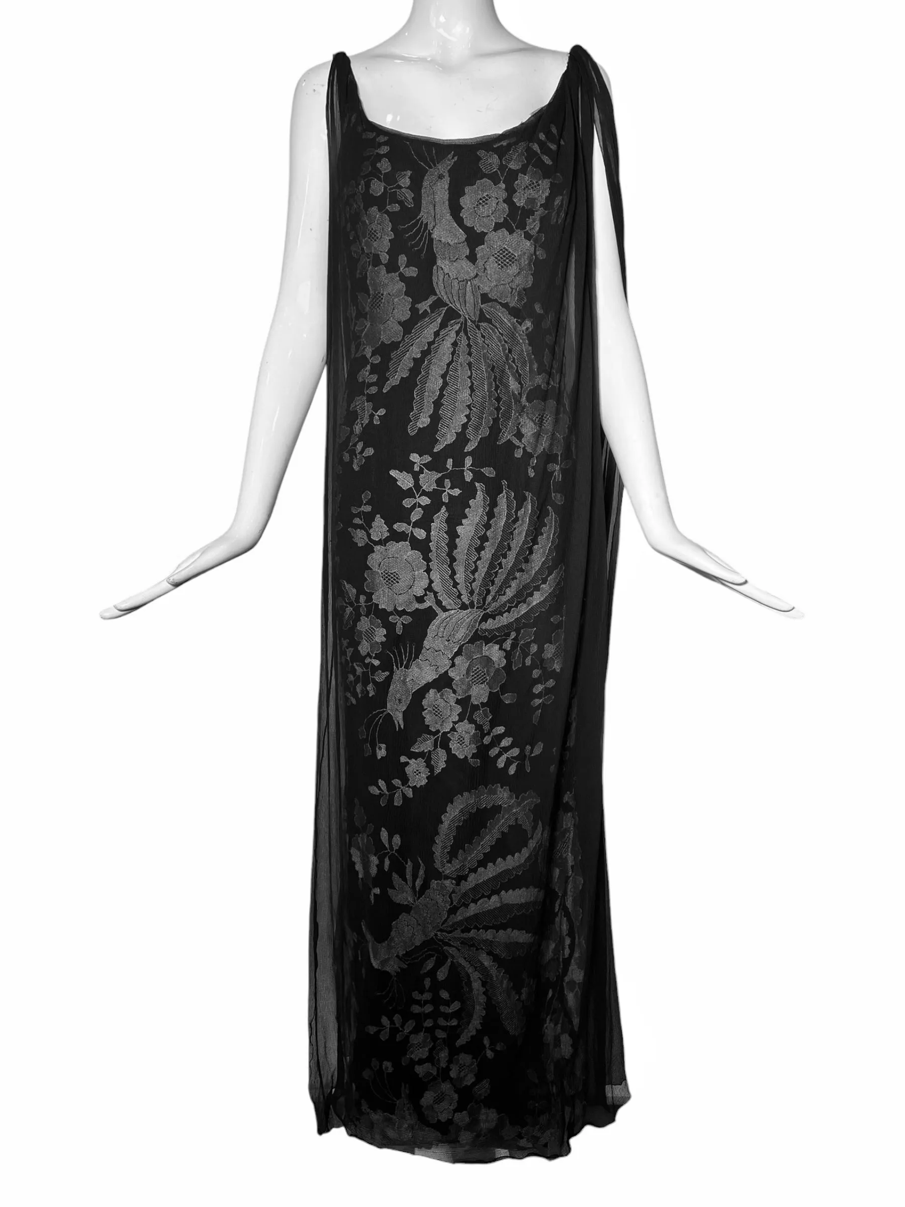 Galanos Black Embroidered Lace Gown Veiled with Chiffon Overlay and Train