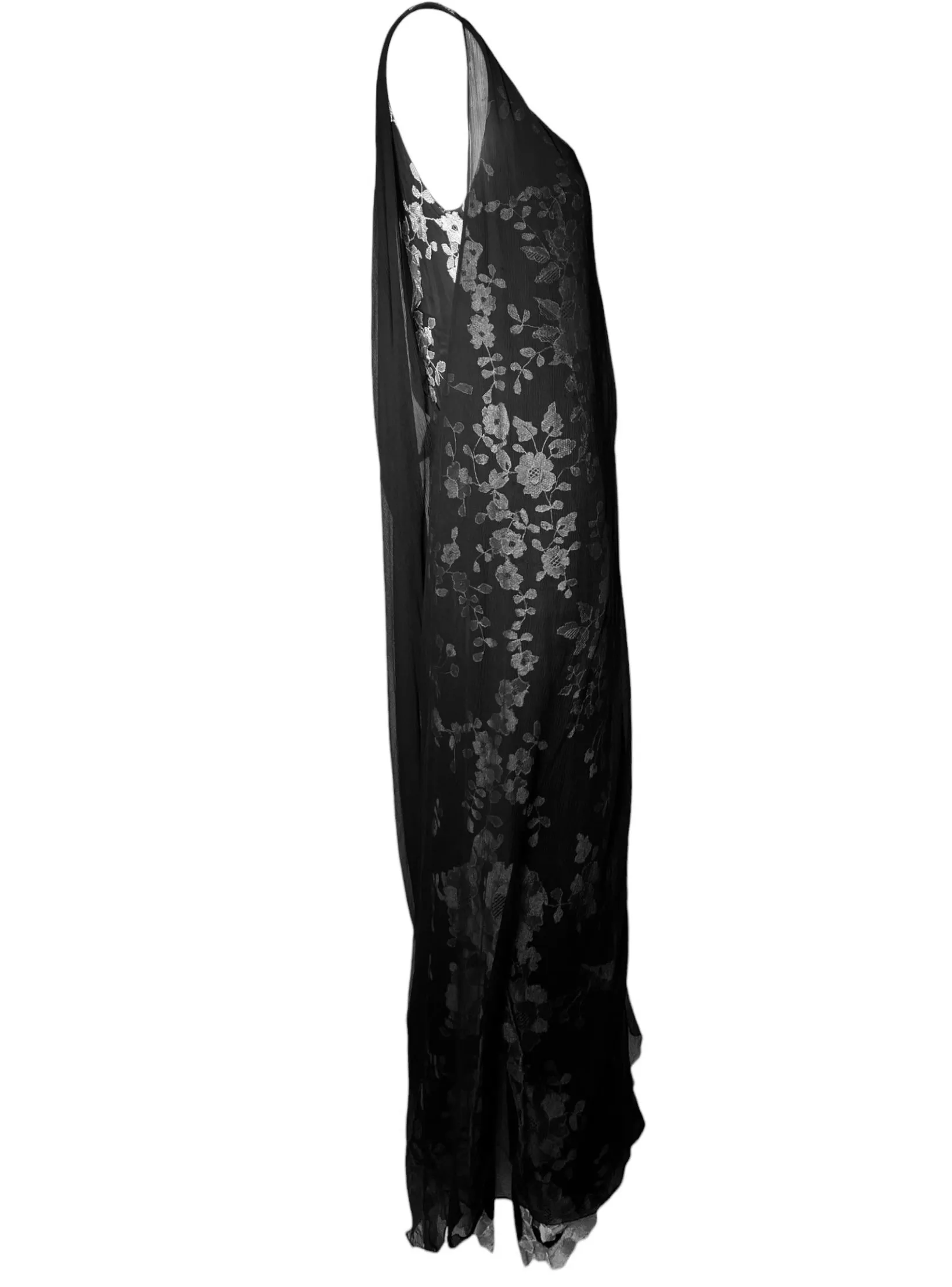 Galanos Black Embroidered Lace Gown Veiled with Chiffon Overlay and Train