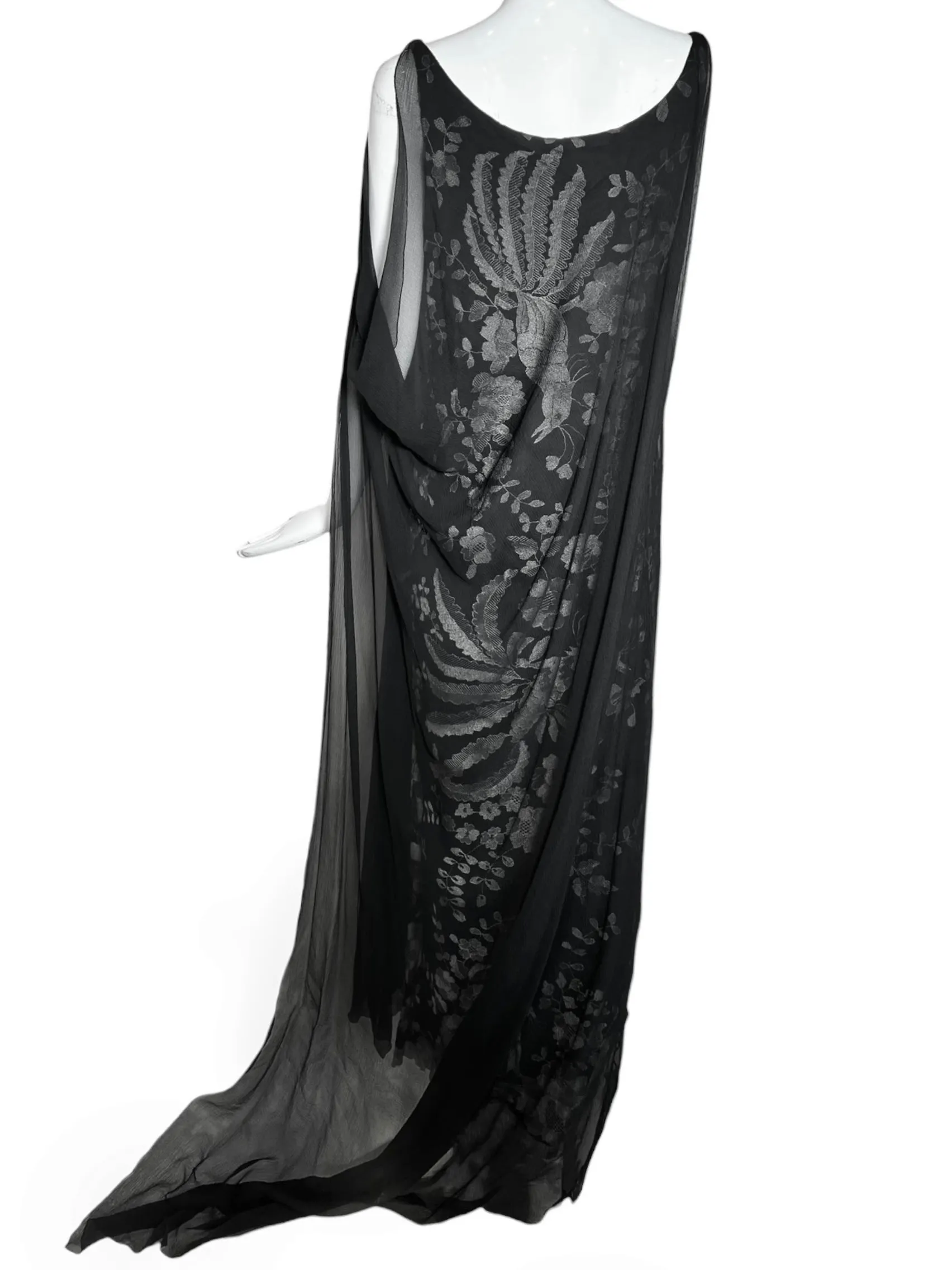 Galanos Black Embroidered Lace Gown Veiled with Chiffon Overlay and Train