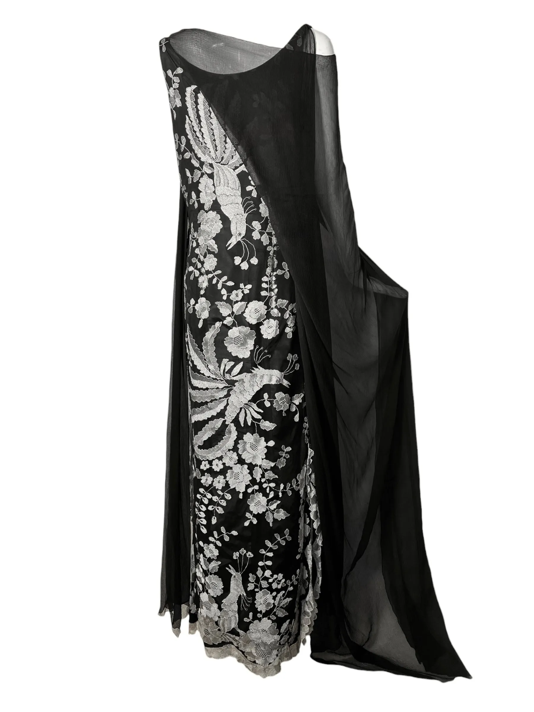 Galanos Black Embroidered Lace Gown Veiled with Chiffon Overlay and Train