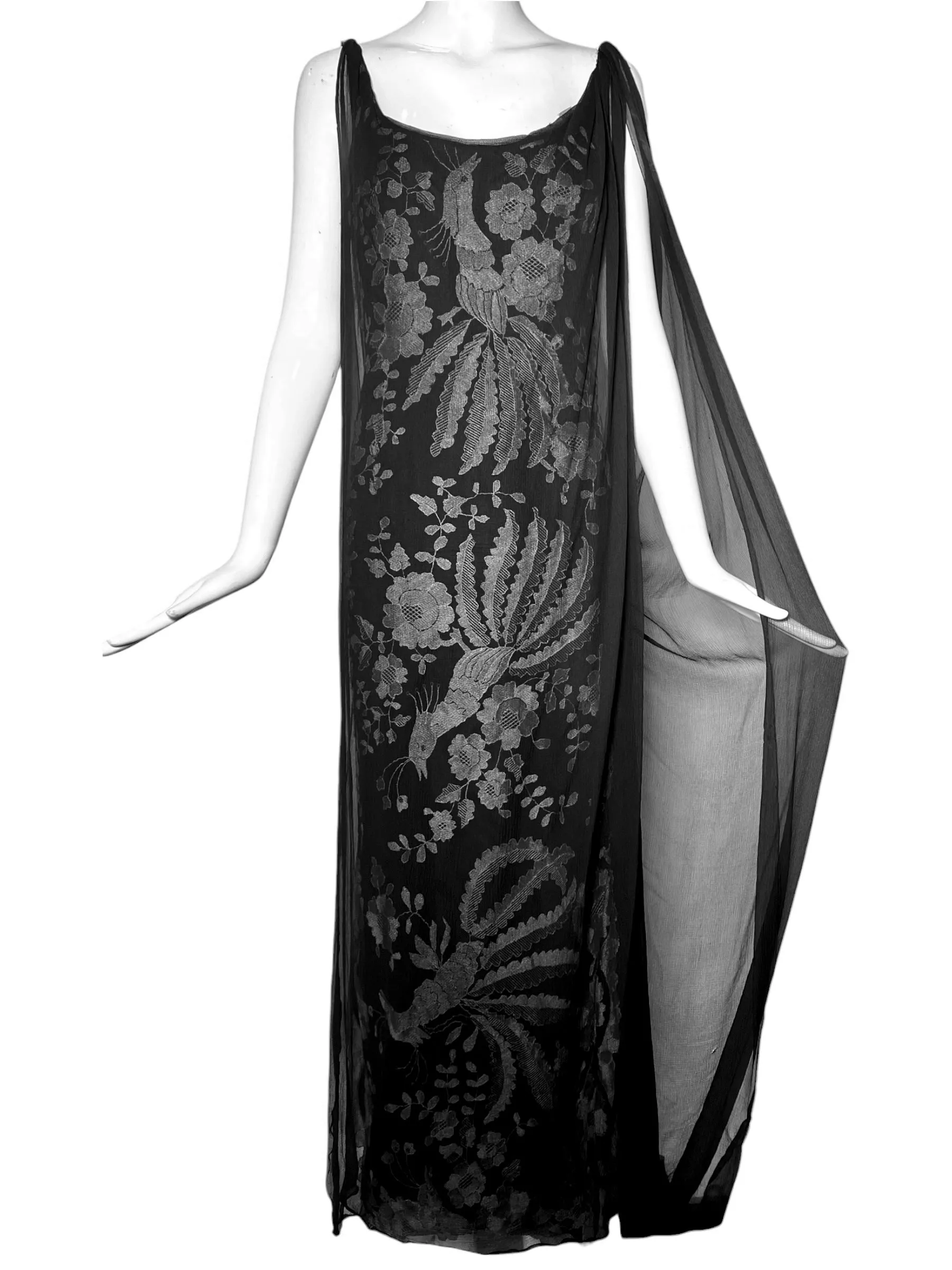 Galanos Black Embroidered Lace Gown Veiled with Chiffon Overlay and Train