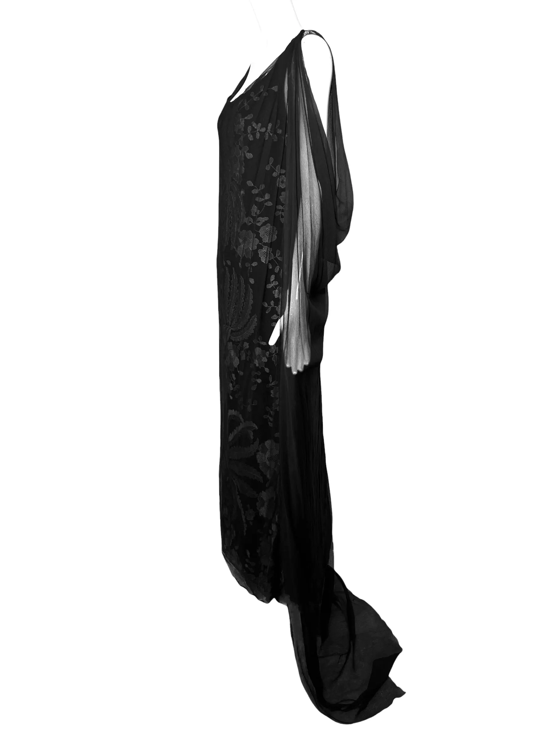 Galanos Black Embroidered Lace Gown Veiled with Chiffon Overlay and Train