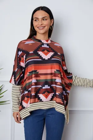 Geometric Striped Splicing Round Neck Blouse