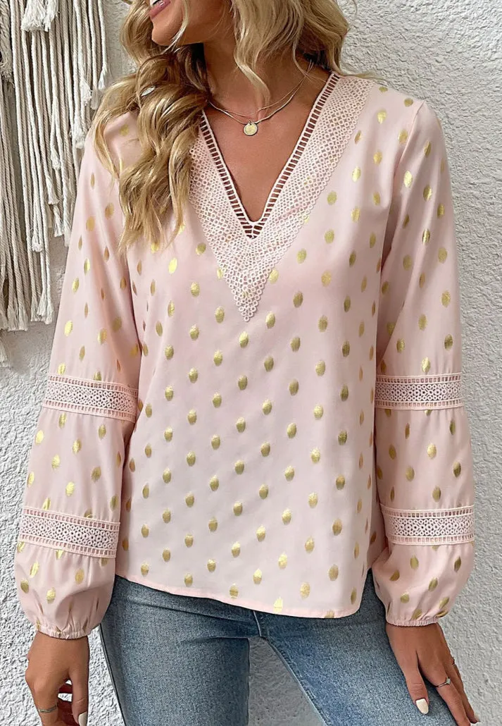 Glamorous Gold Dot Lantern Sleeve Tunic Blouse - Must-Have for Women!