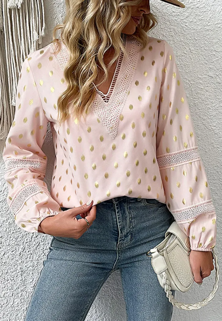 Glamorous Gold Dot Lantern Sleeve Tunic Blouse - Must-Have for Women!