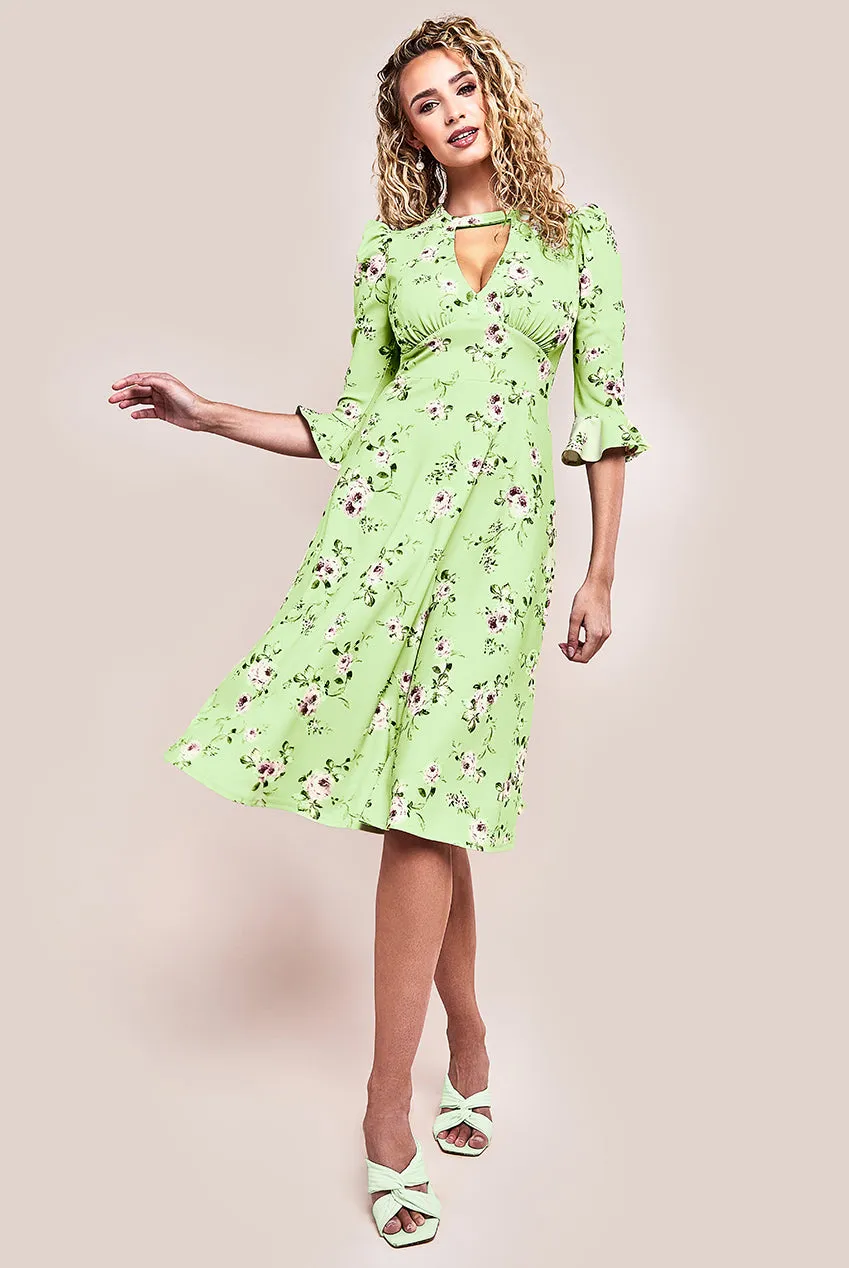 Goddiva Floral Printed Flared Sleeve Midi - Sage Green