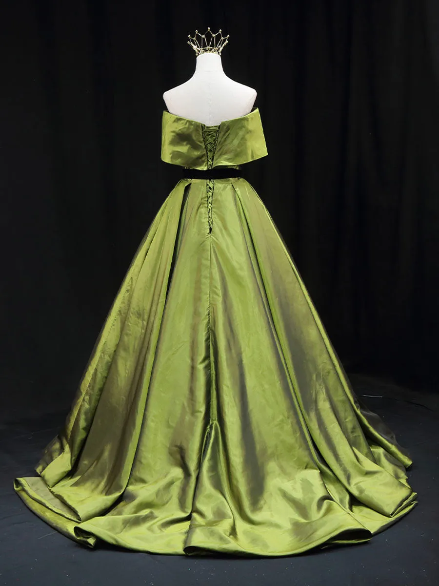 Green A line Satin Long Prom Dress, Green Satin Formal Evening Dresses