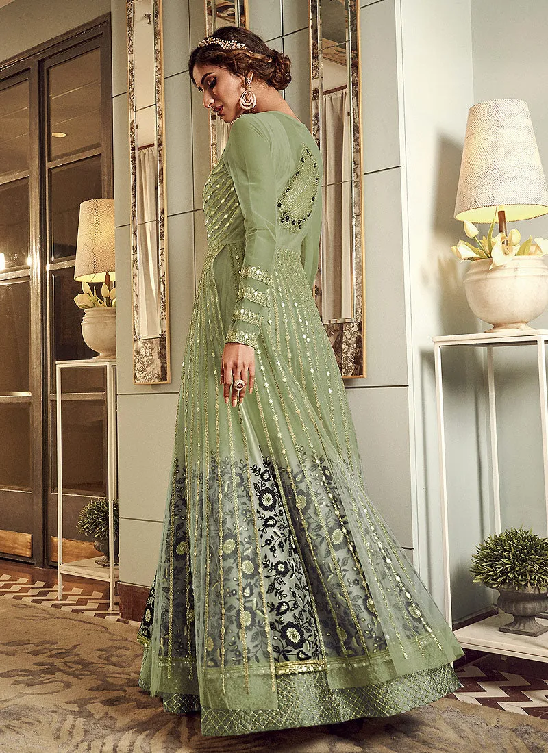 Green And Gold Designer Embroidered Anarkali Gown