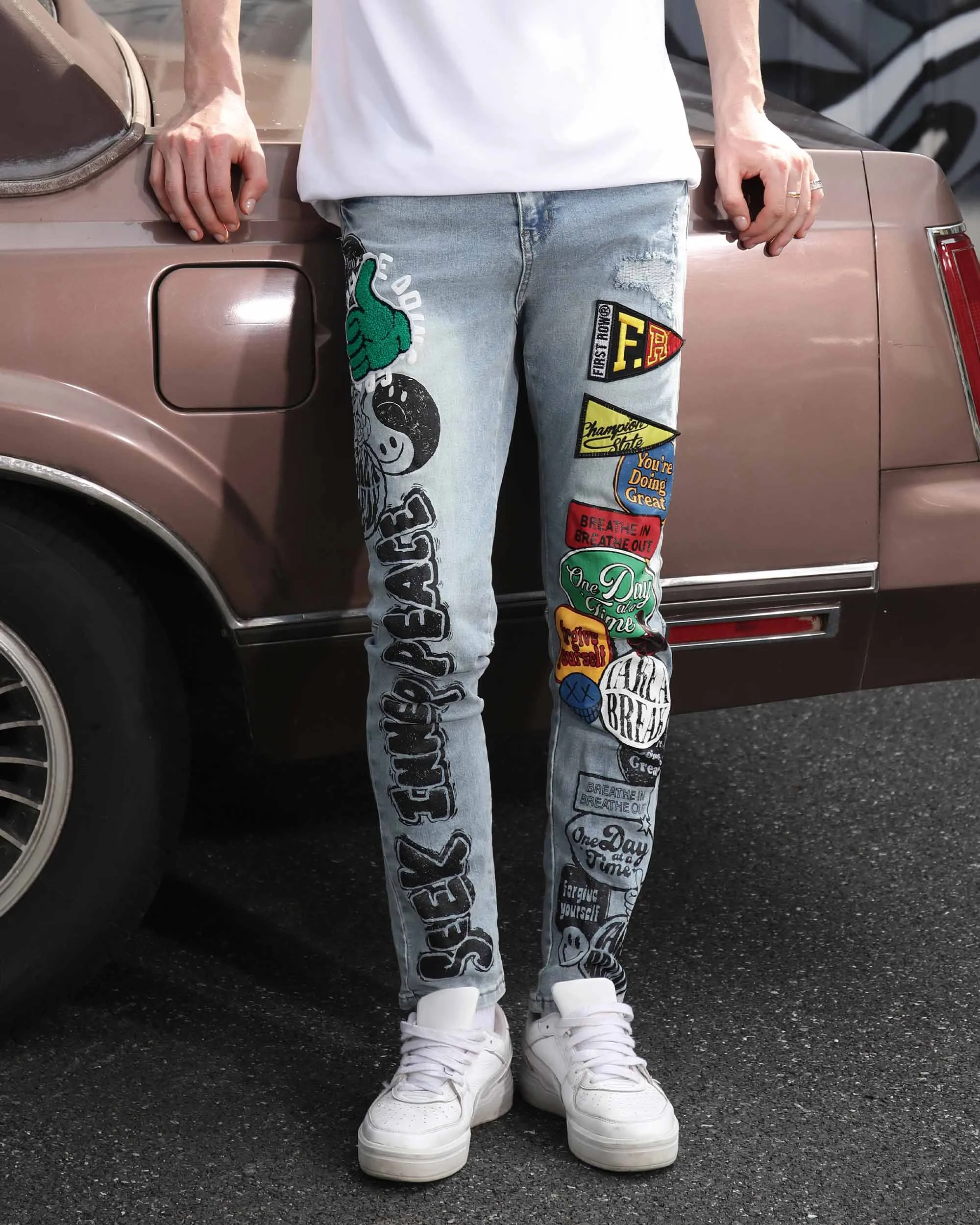 Hip Hop Fashion Slim Fit Light Wash Blue Jeans