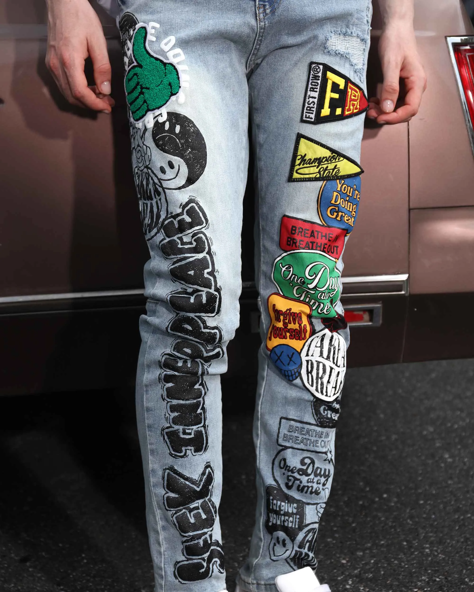 Hip Hop Fashion Slim Fit Light Wash Blue Jeans