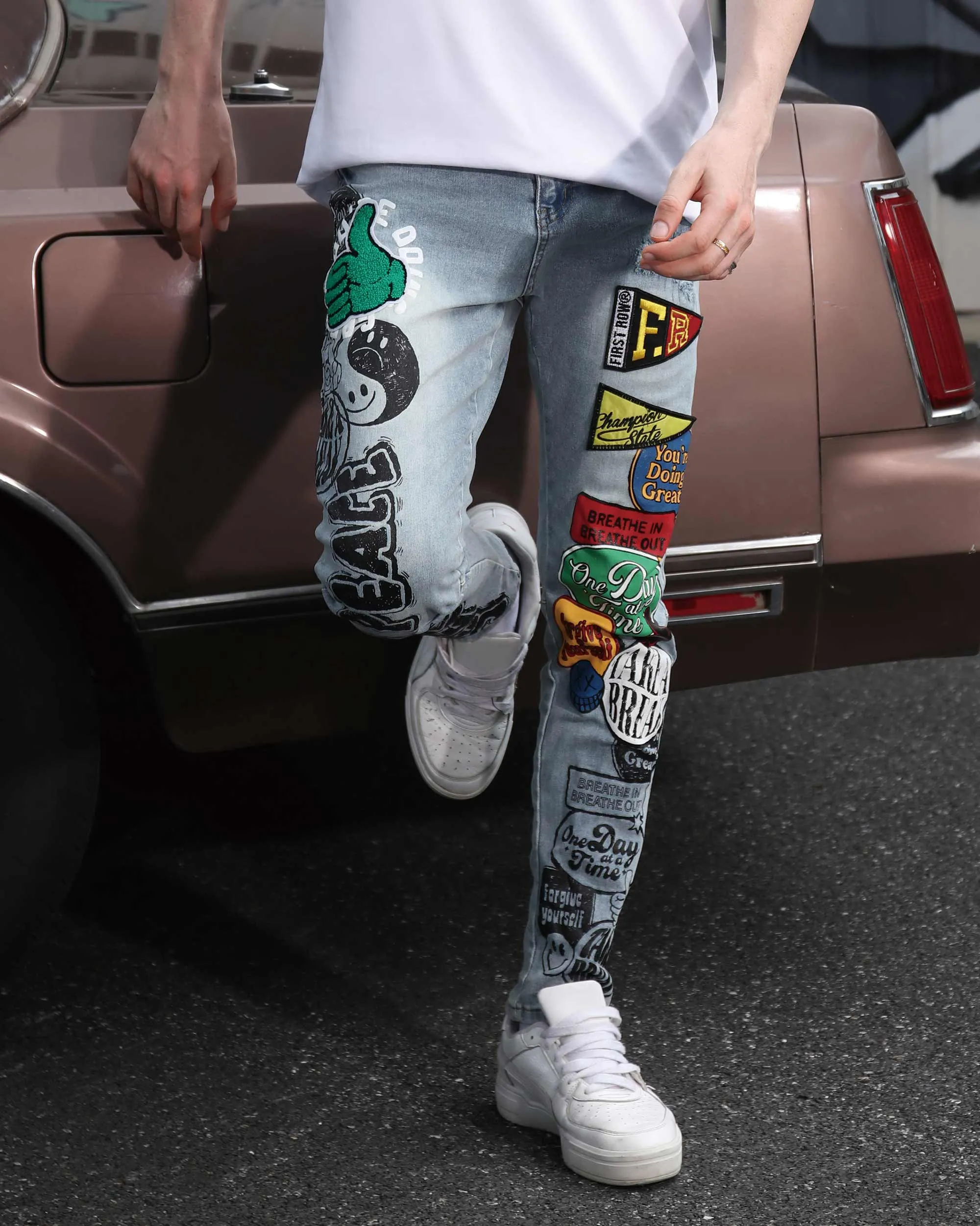 Hip Hop Fashion Slim Fit Light Wash Blue Jeans