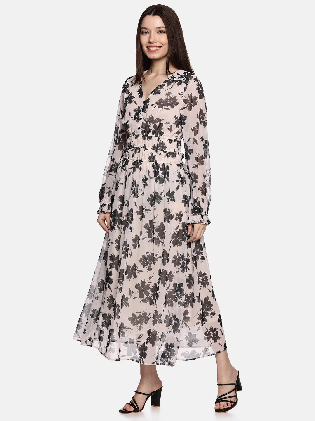 IS.U Floral Off-White Blouson Sleeve Maxi Dress