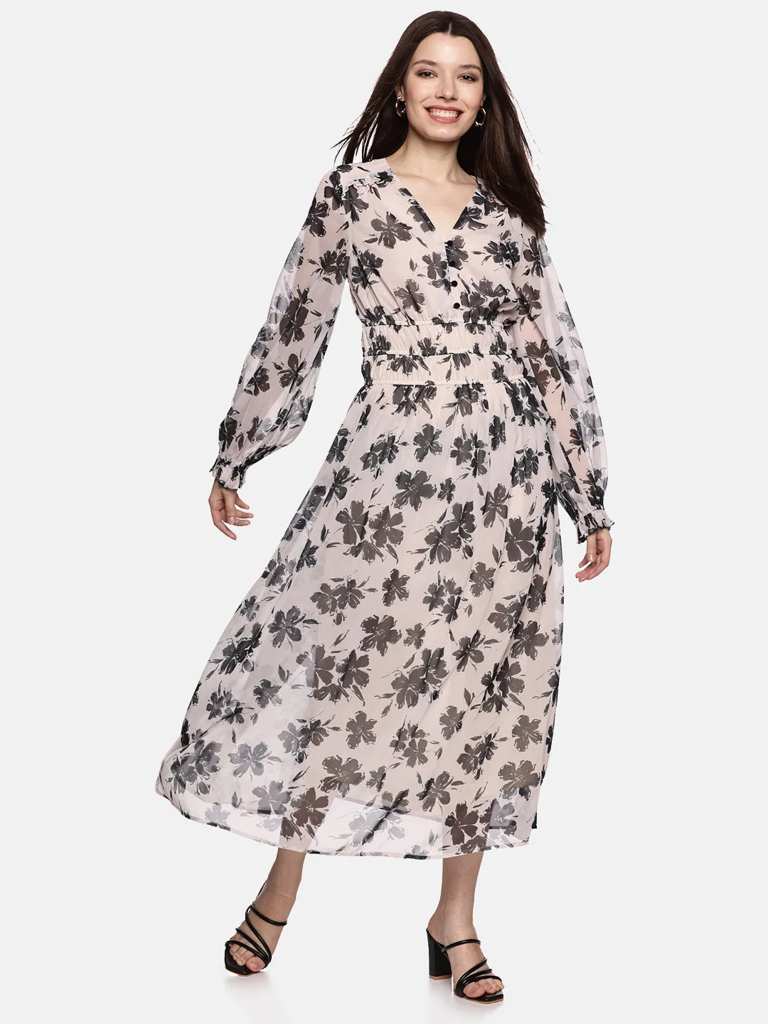 IS.U Floral Off-White Blouson Sleeve Maxi Dress