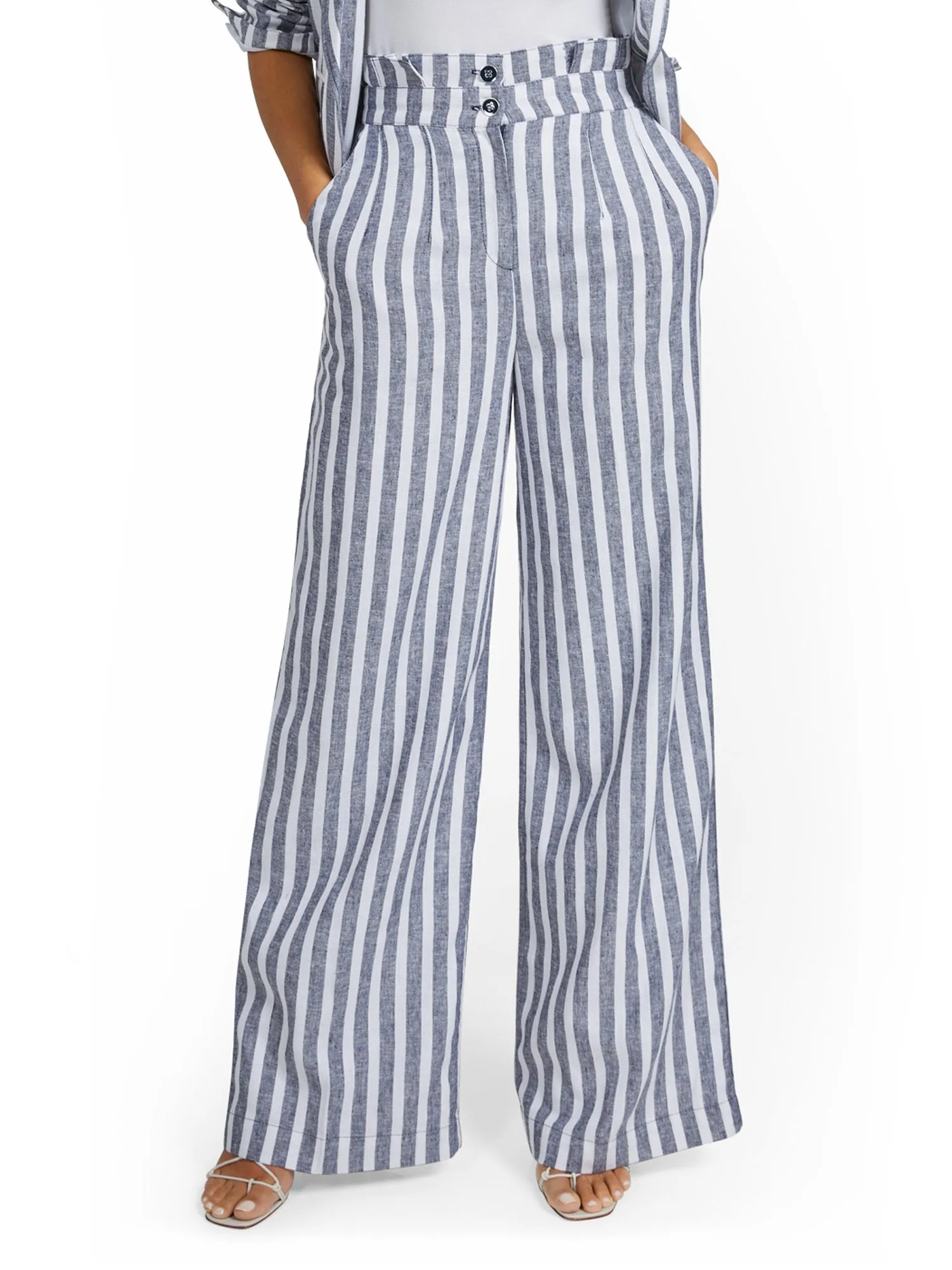 Linen-Blend Nautical Stripe Paperbag Wide-Leg Pant