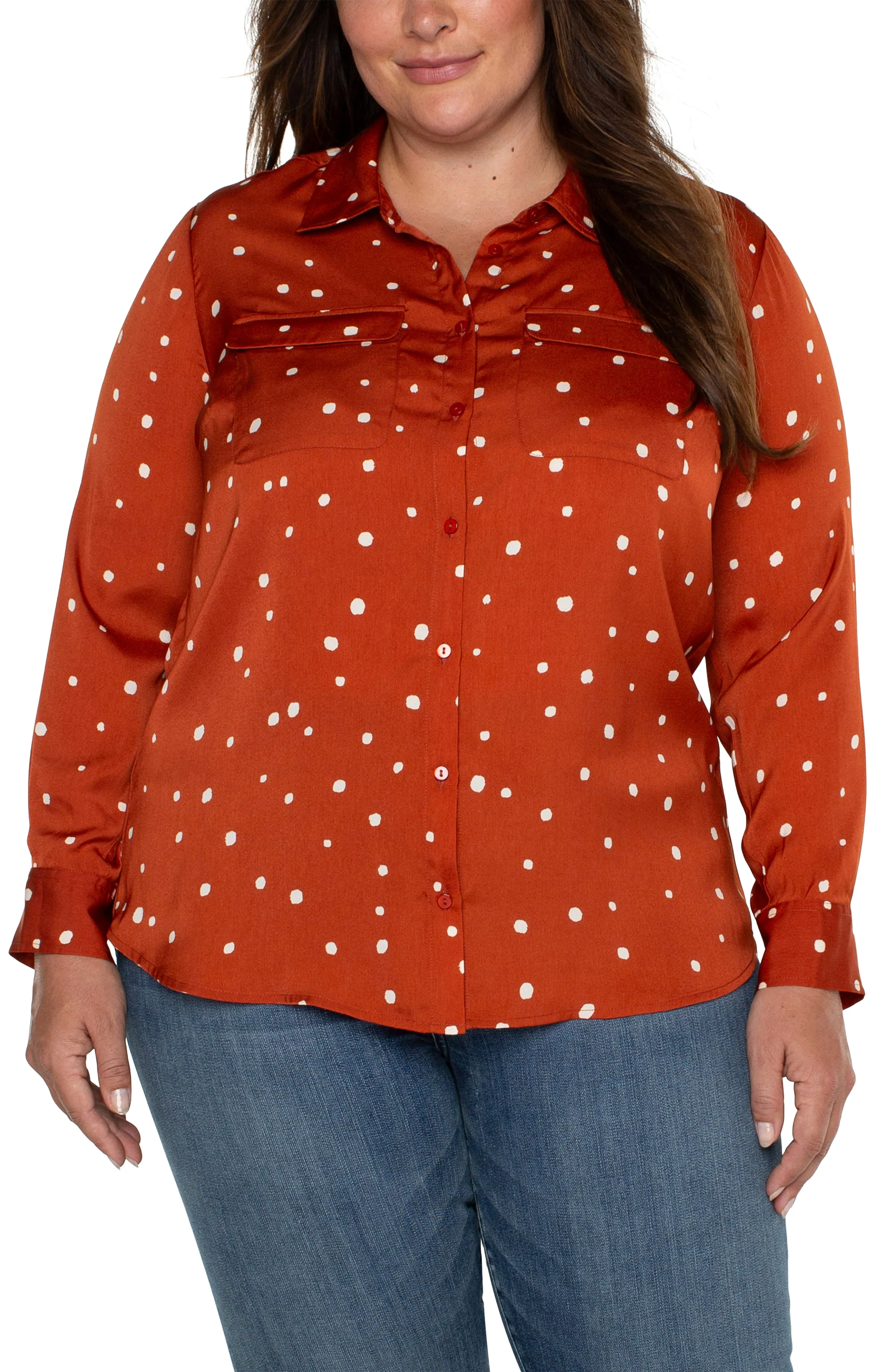 Liverpool Flap Pocket Button Front Woven Blouse (Dot/Maple Red) (plus size available)