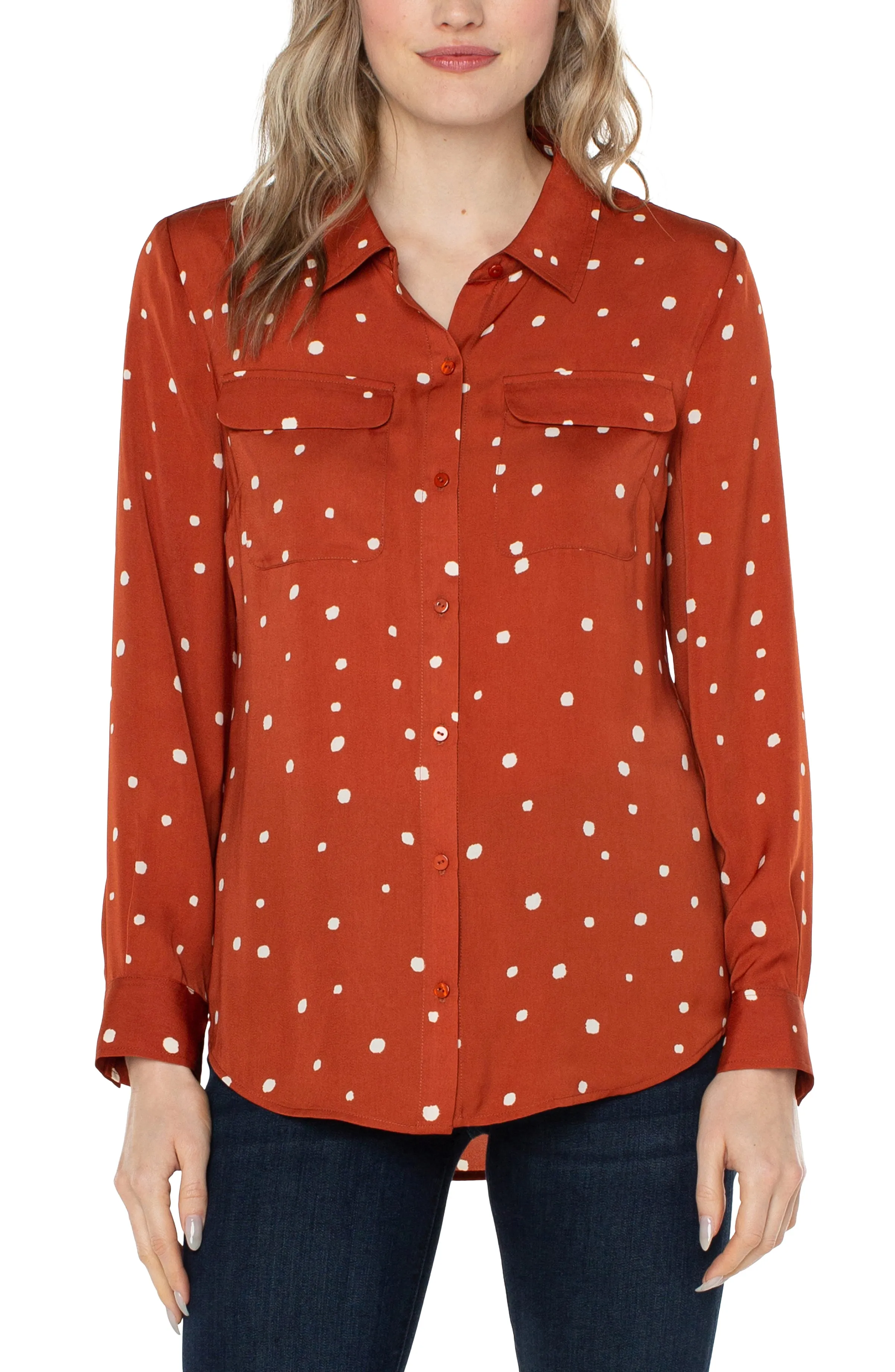 Liverpool Flap Pocket Button Front Woven Blouse (Dot/Maple Red) (plus size available)