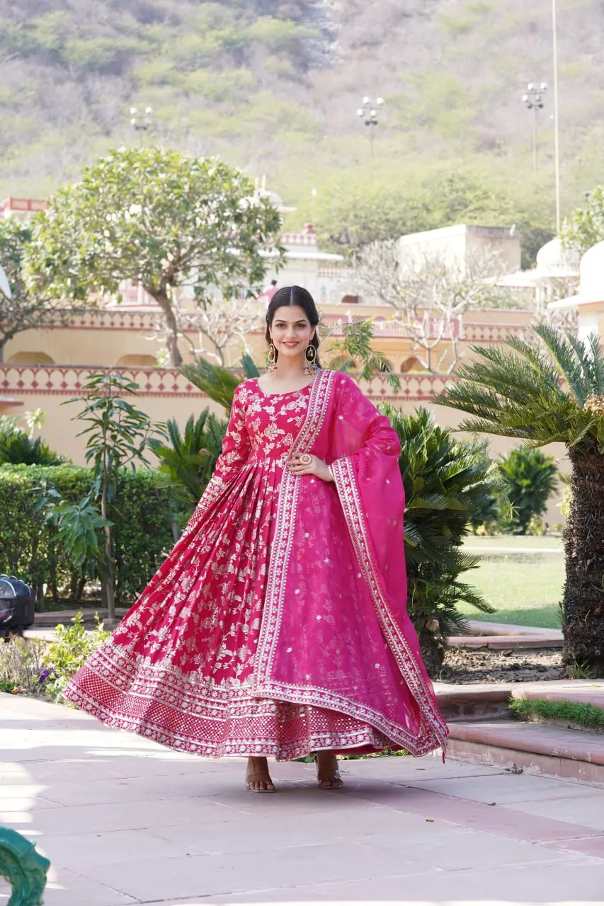 Luxe Pink Viscose Jacquard Gown with Sequin Embroidery & Russian Silk Dupatta