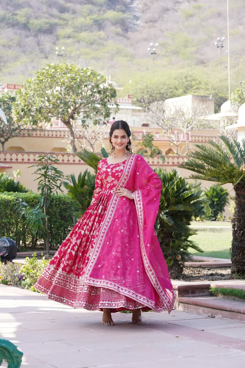 Luxe Pink Viscose Jacquard Gown with Sequin Embroidery & Russian Silk Dupatta