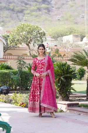 Luxe Pink Viscose Jacquard Gown with Sequin Embroidery & Russian Silk Dupatta