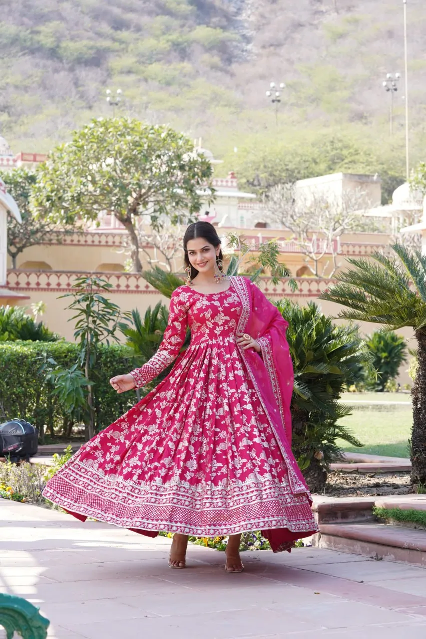 Luxe Pink Viscose Jacquard Gown with Sequin Embroidery & Russian Silk Dupatta