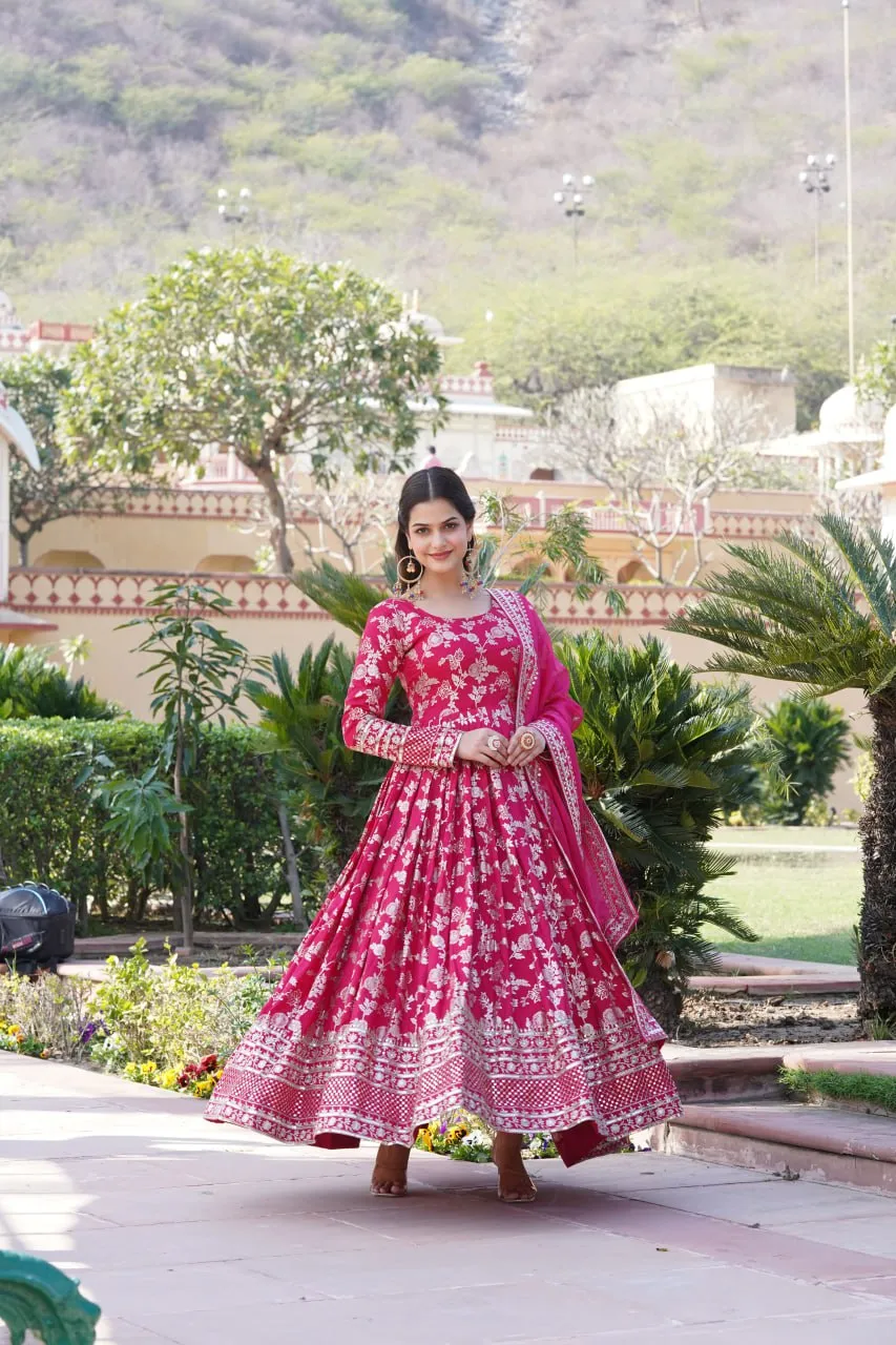 Luxe Pink Viscose Jacquard Gown with Sequin Embroidery & Russian Silk Dupatta