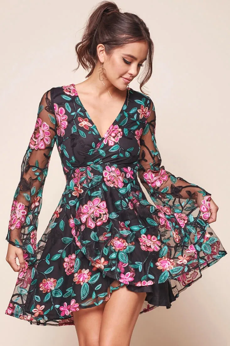 Margot Sheer Embroidered Floral Fit and Flare Dress Black/Pink