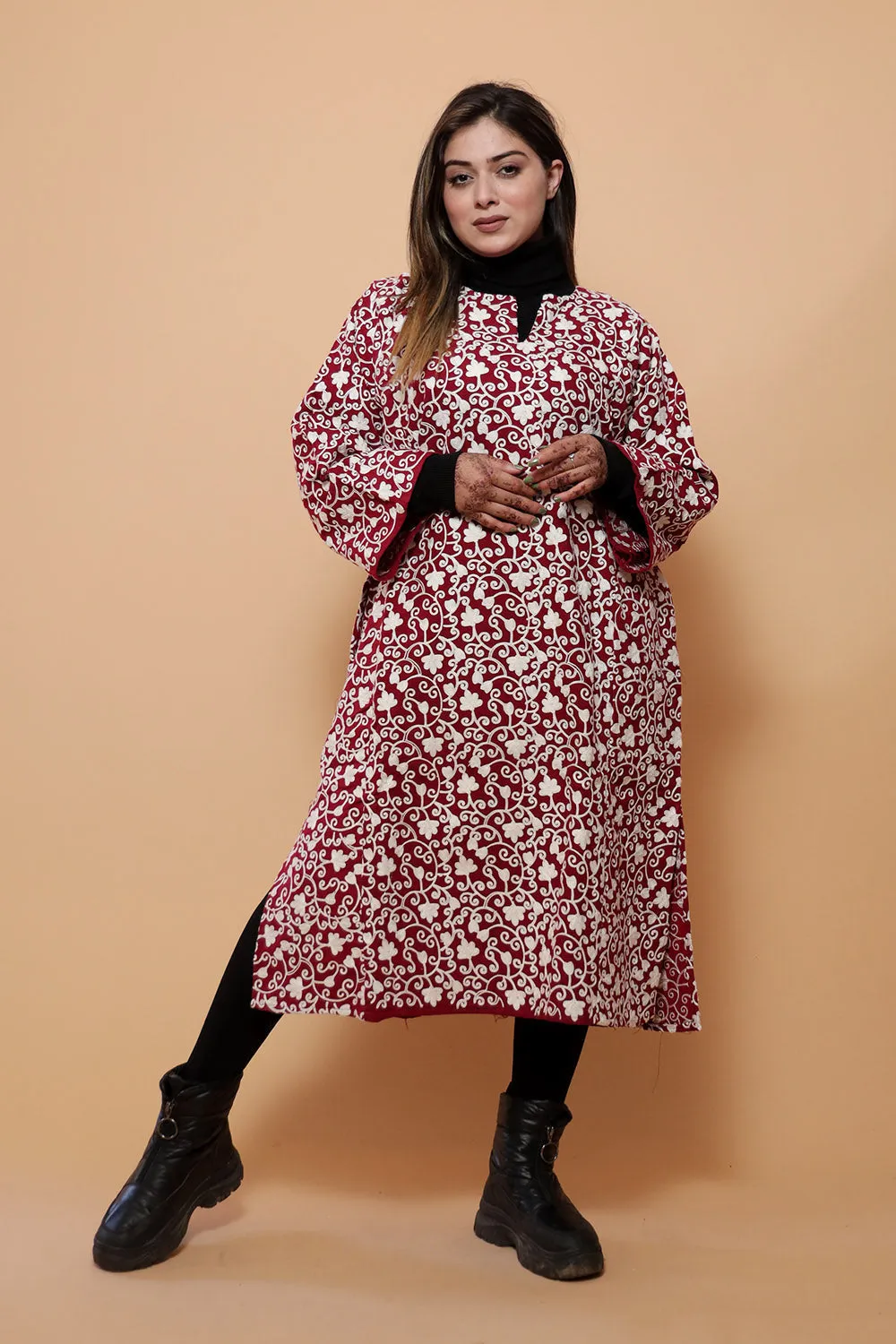 Maroon Color Kashmiri Work Phiran Enriched Designer Black Jaal Pattern