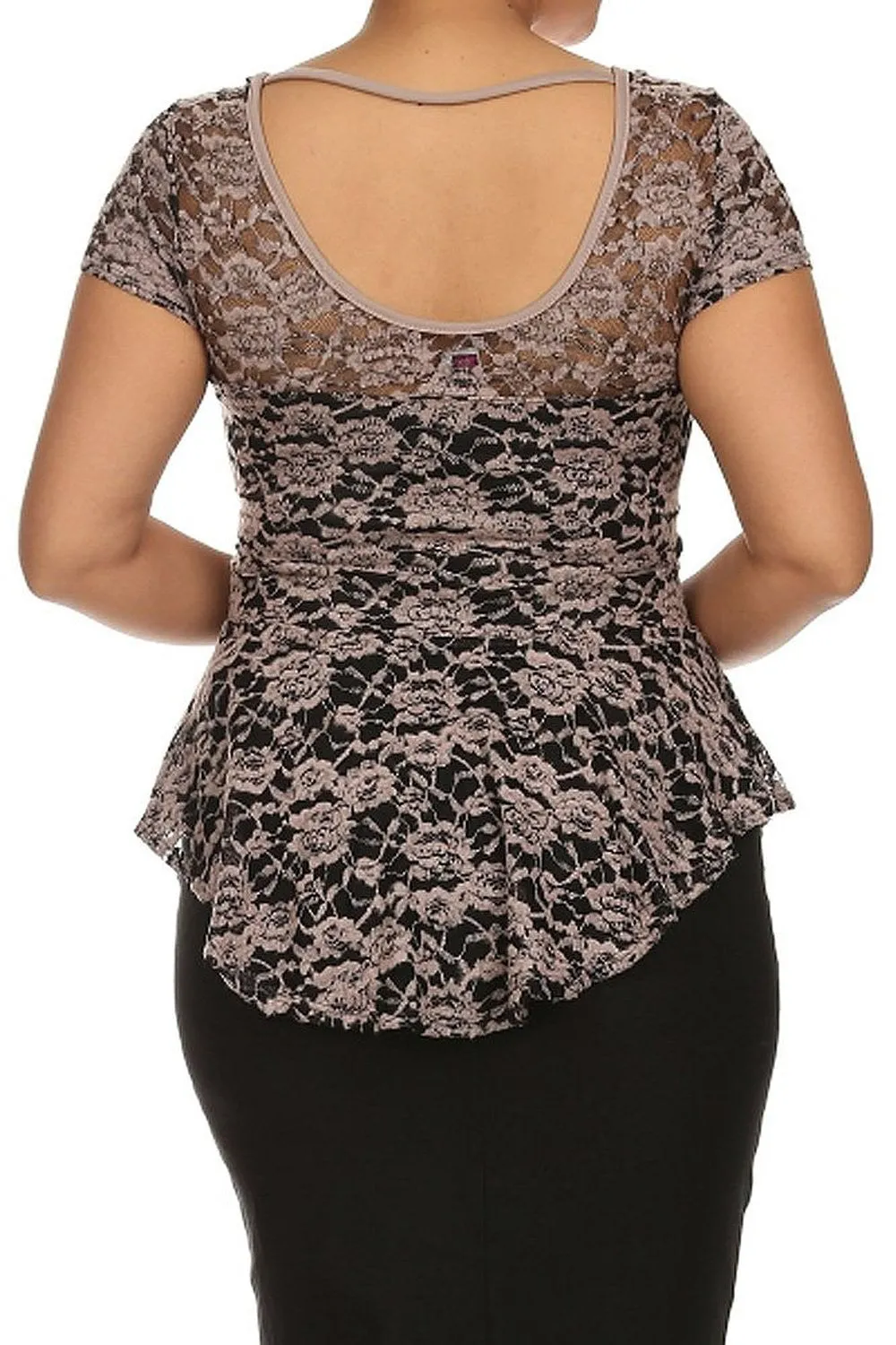 Mocha Floral Lace Fit and Flare short Sleeve Asymmetric Low Back Blouse U.S.A