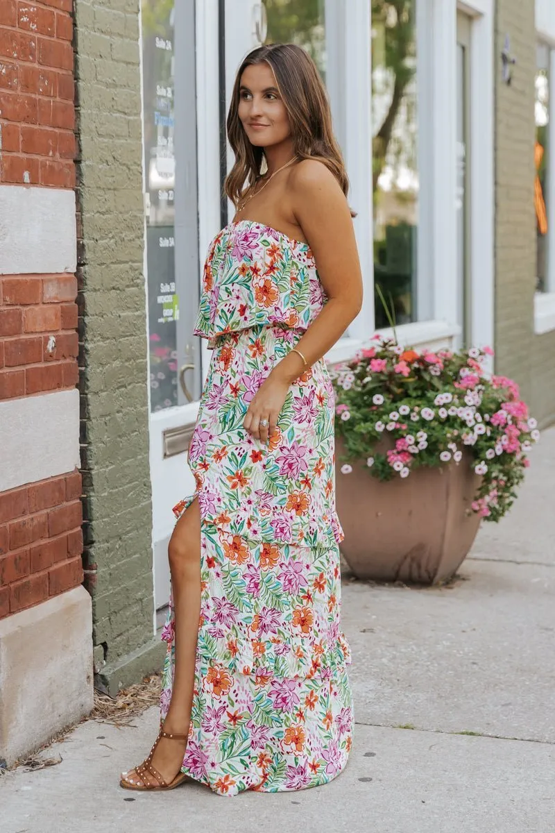 Multi Floral Strapless Slit Maxi Dress - FINAL SALE