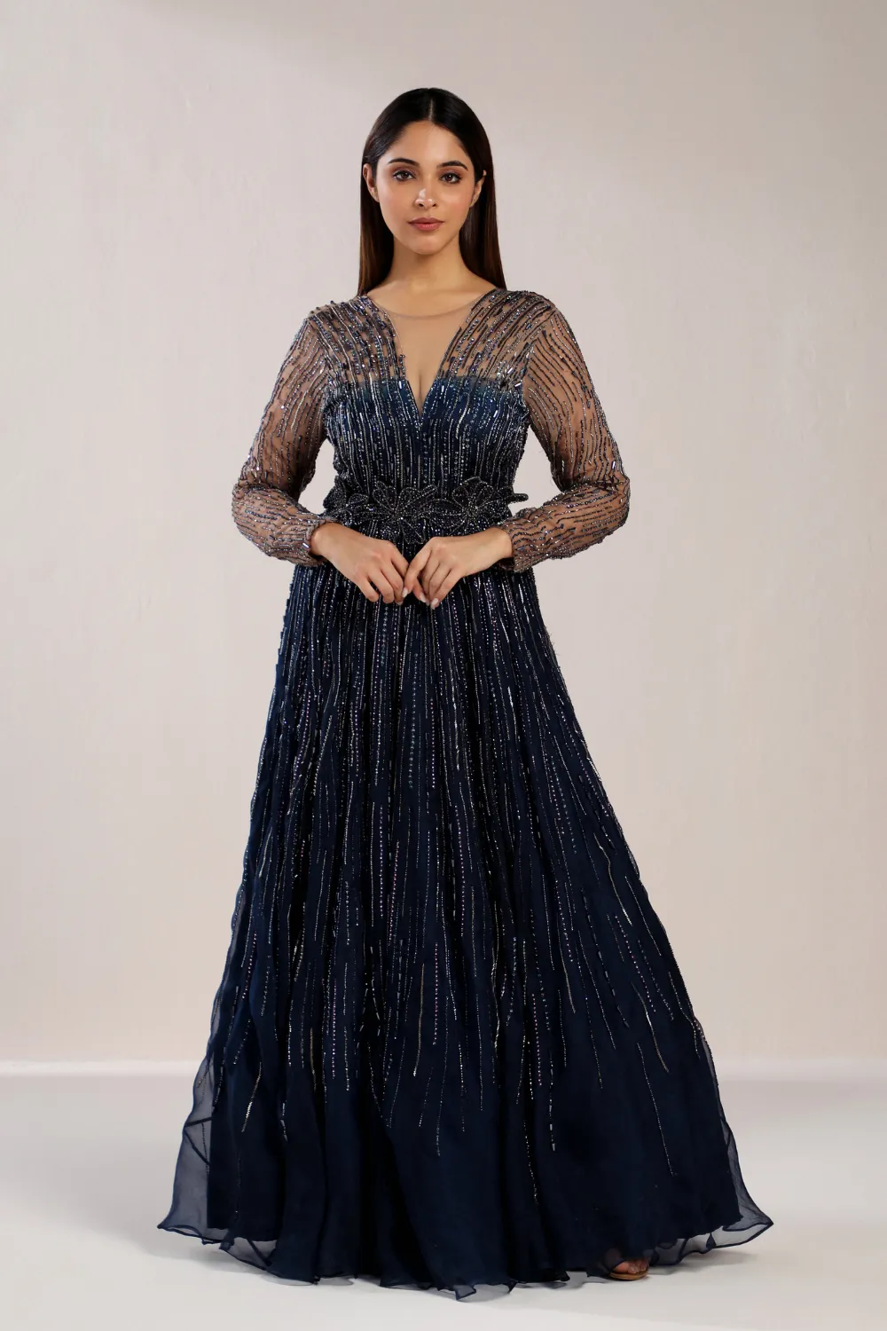 Navy Blue Embroidered Sequin Gown