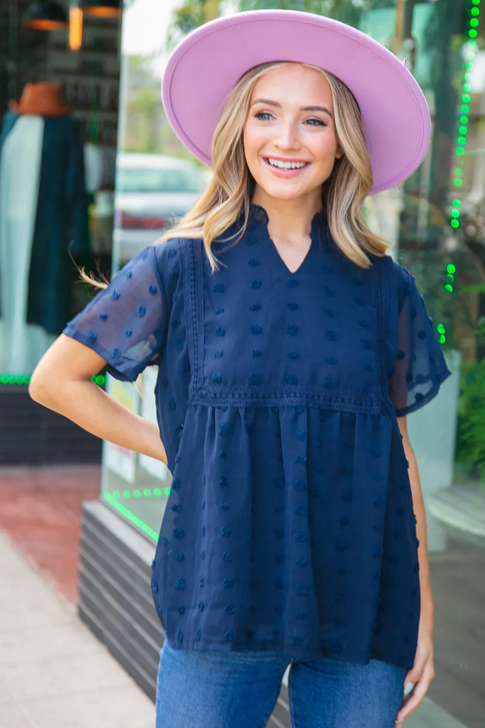 Navy Swiss Dot Chiffon Crochet Detailed Lined Top