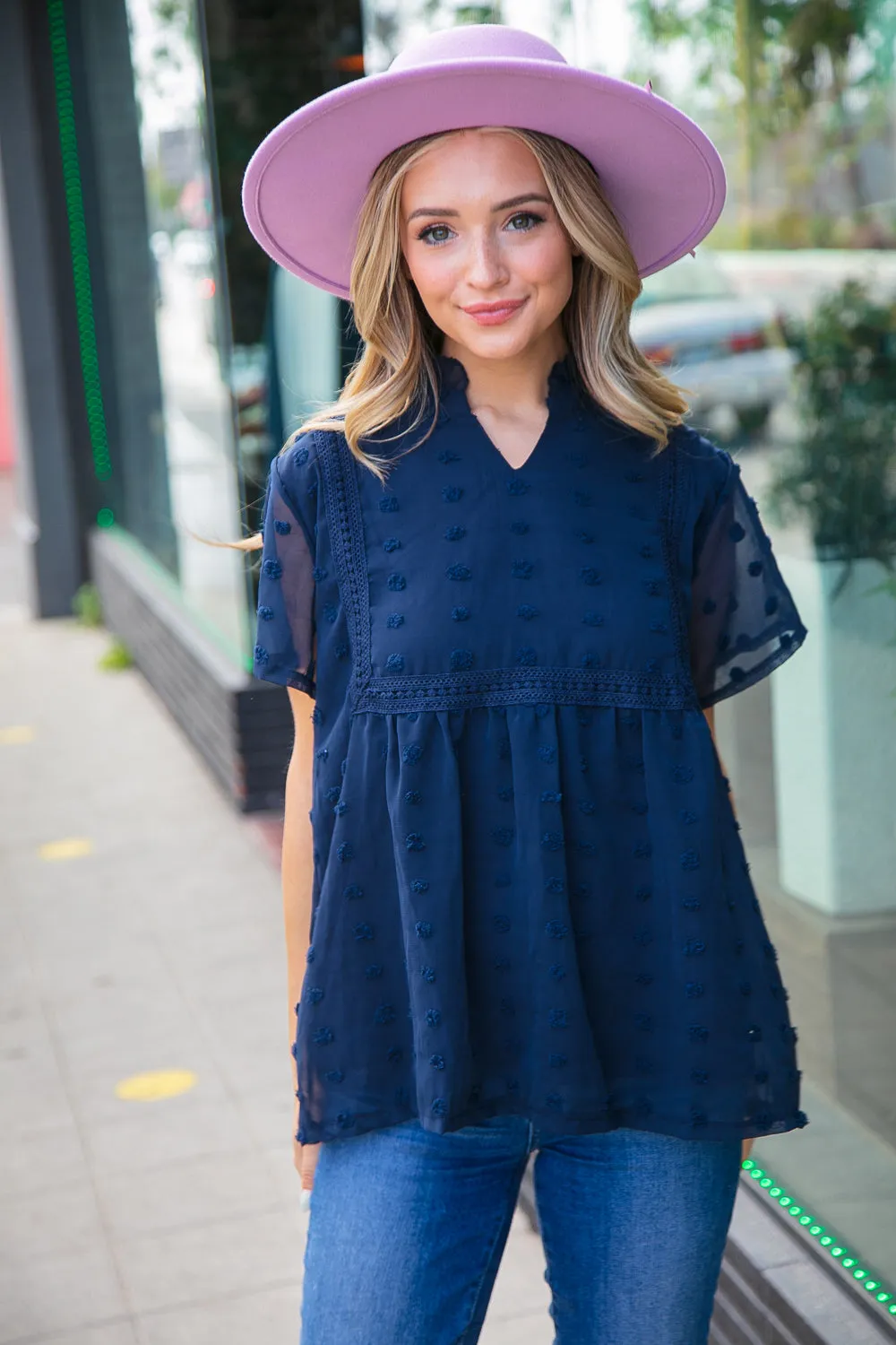 Navy Swiss Dot Chiffon Crochet Detailed Lined Top