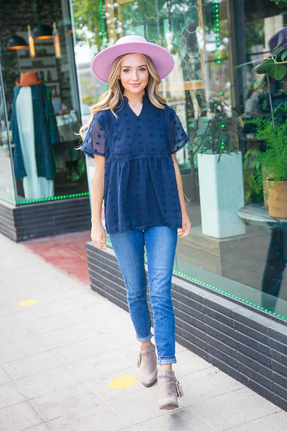 Navy Swiss Dot Chiffon Crochet Detailed Lined Top