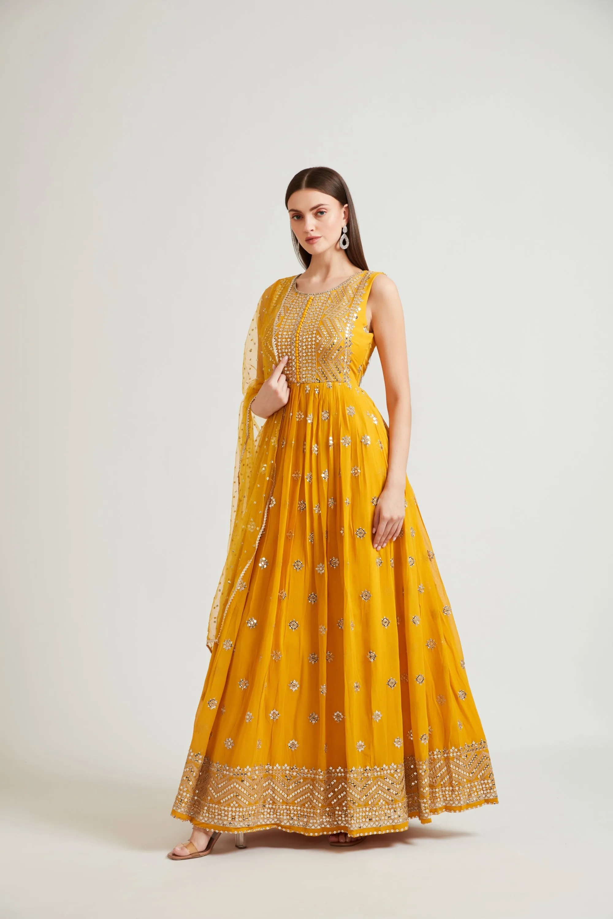 Neeru's Mustard Color Embroidered Gown