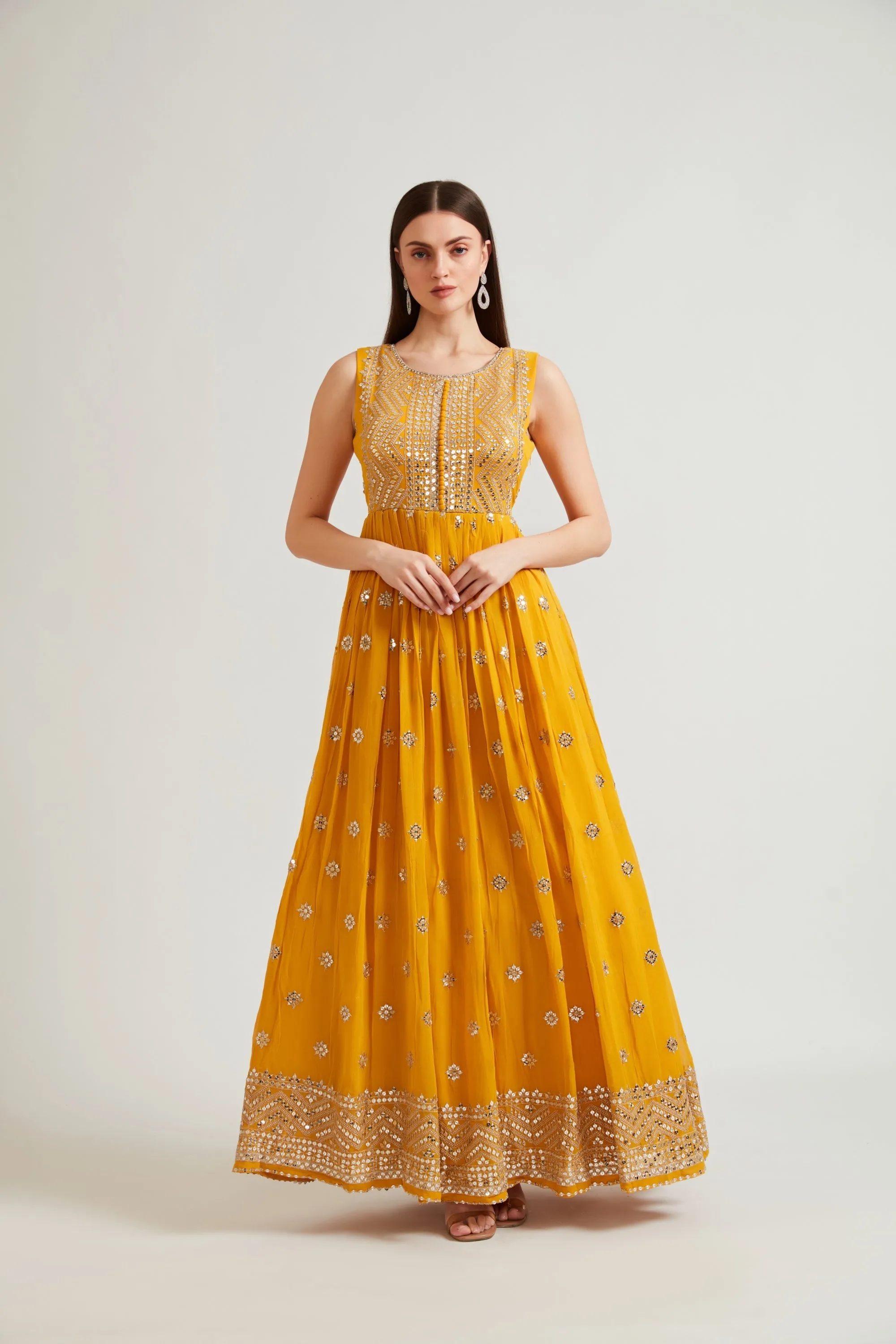 Neeru's Mustard Color Embroidered Gown