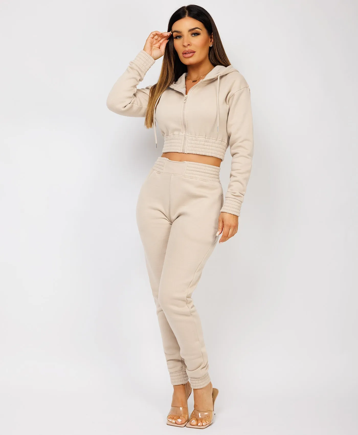 Oatmeal Zipped Cropped Hooded Tracksuit Loungewear Set