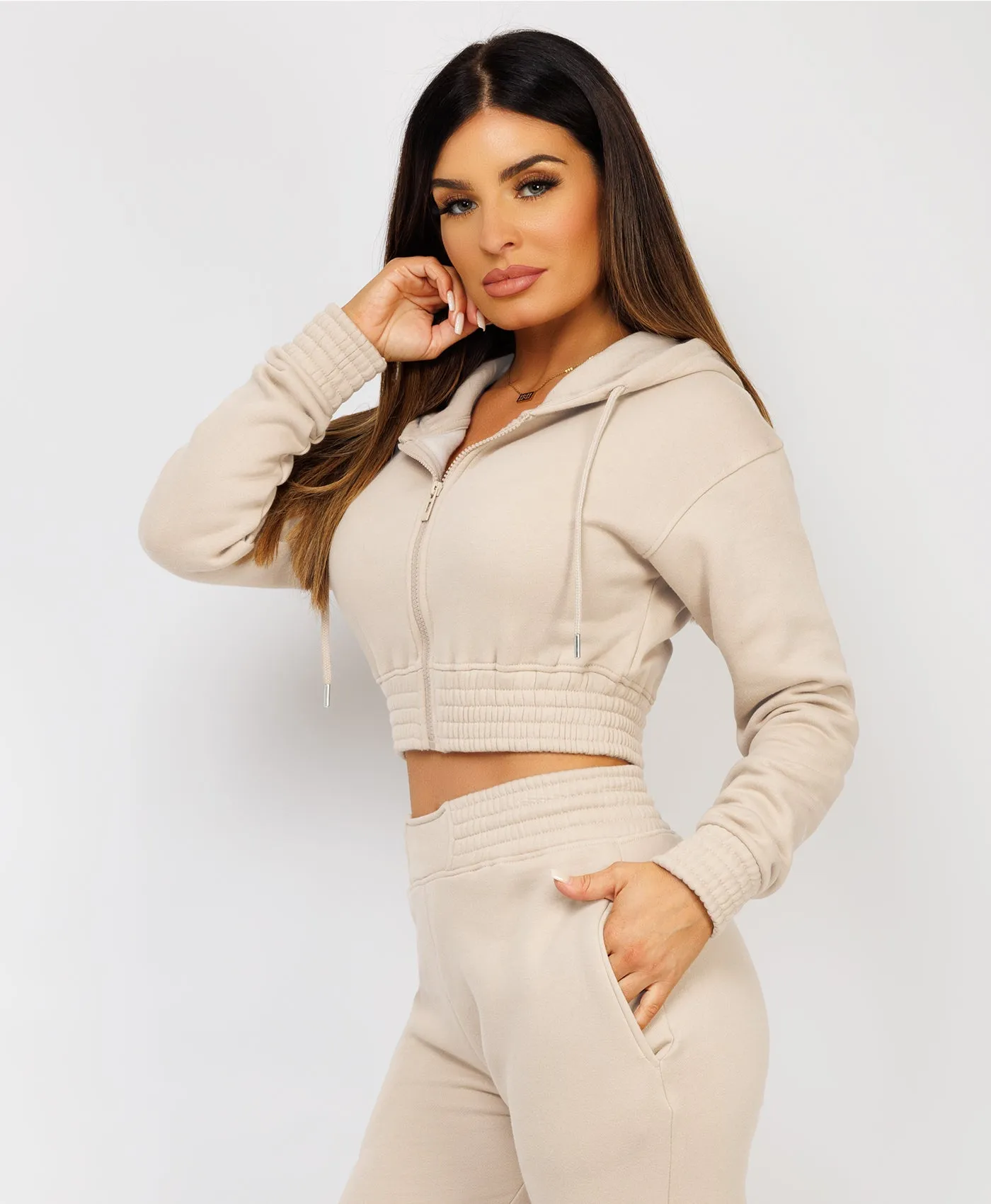 Oatmeal Zipped Cropped Hooded Tracksuit Loungewear Set