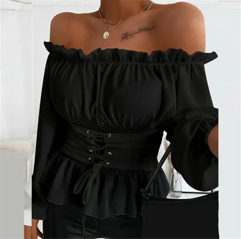 Off-Shoulder Lace-up Ruffled Top