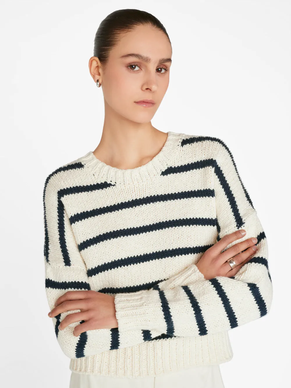 Oversized Crop Crew Sweater -- Navy Multi