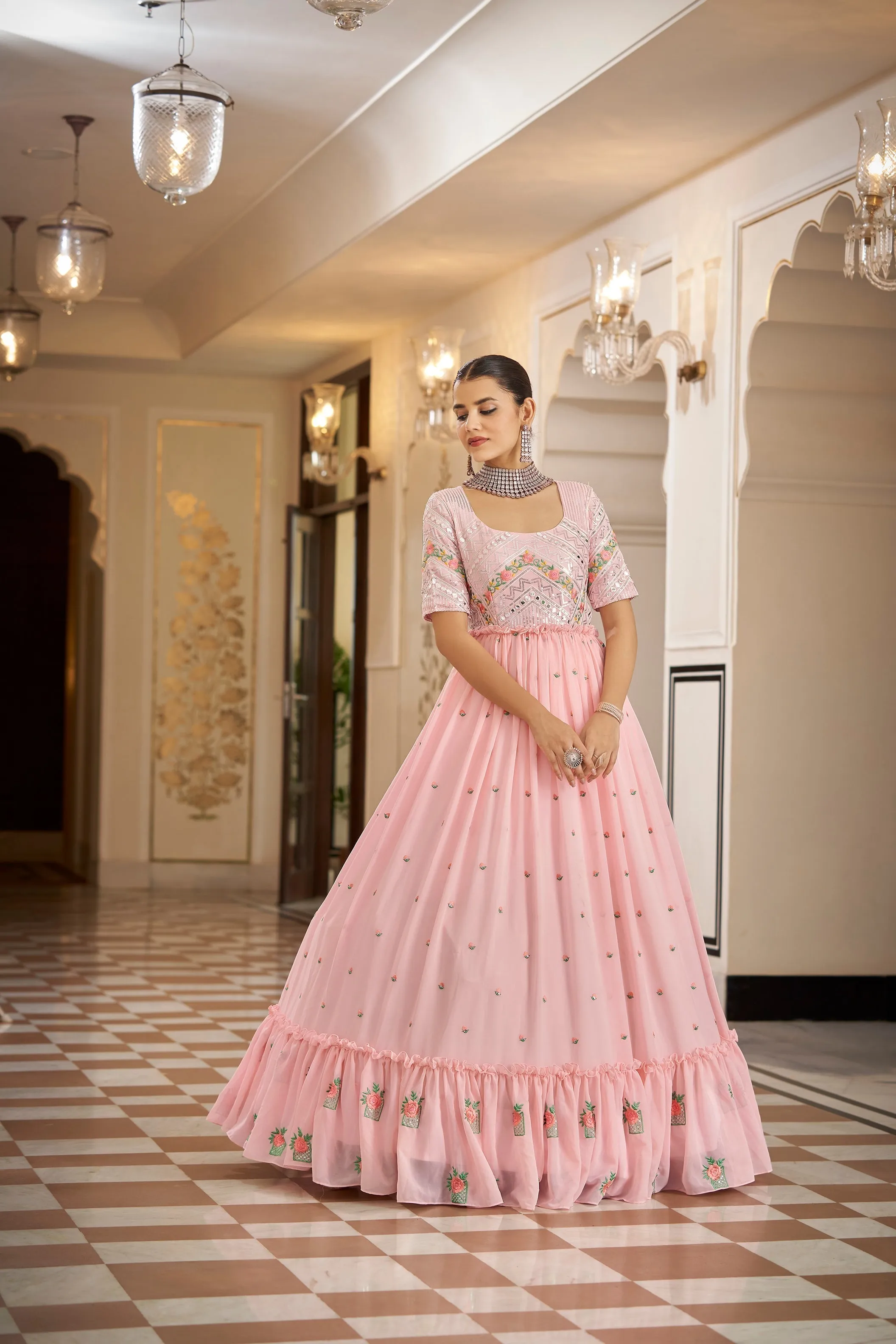 Party Wear Pink Color Thread & Sequins Embroidered Work Anarkali Gown