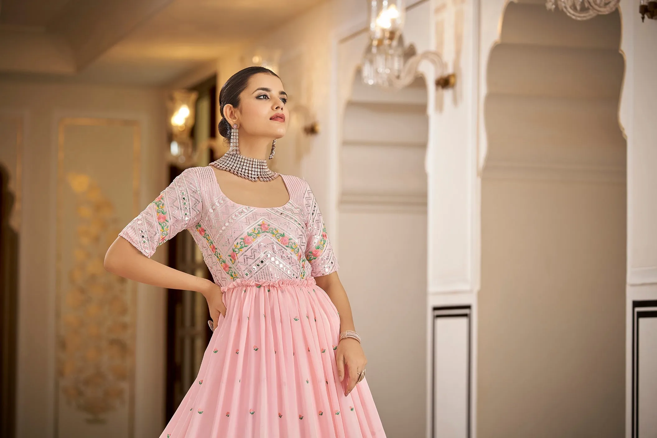 Party Wear Pink Color Thread & Sequins Embroidered Work Anarkali Gown