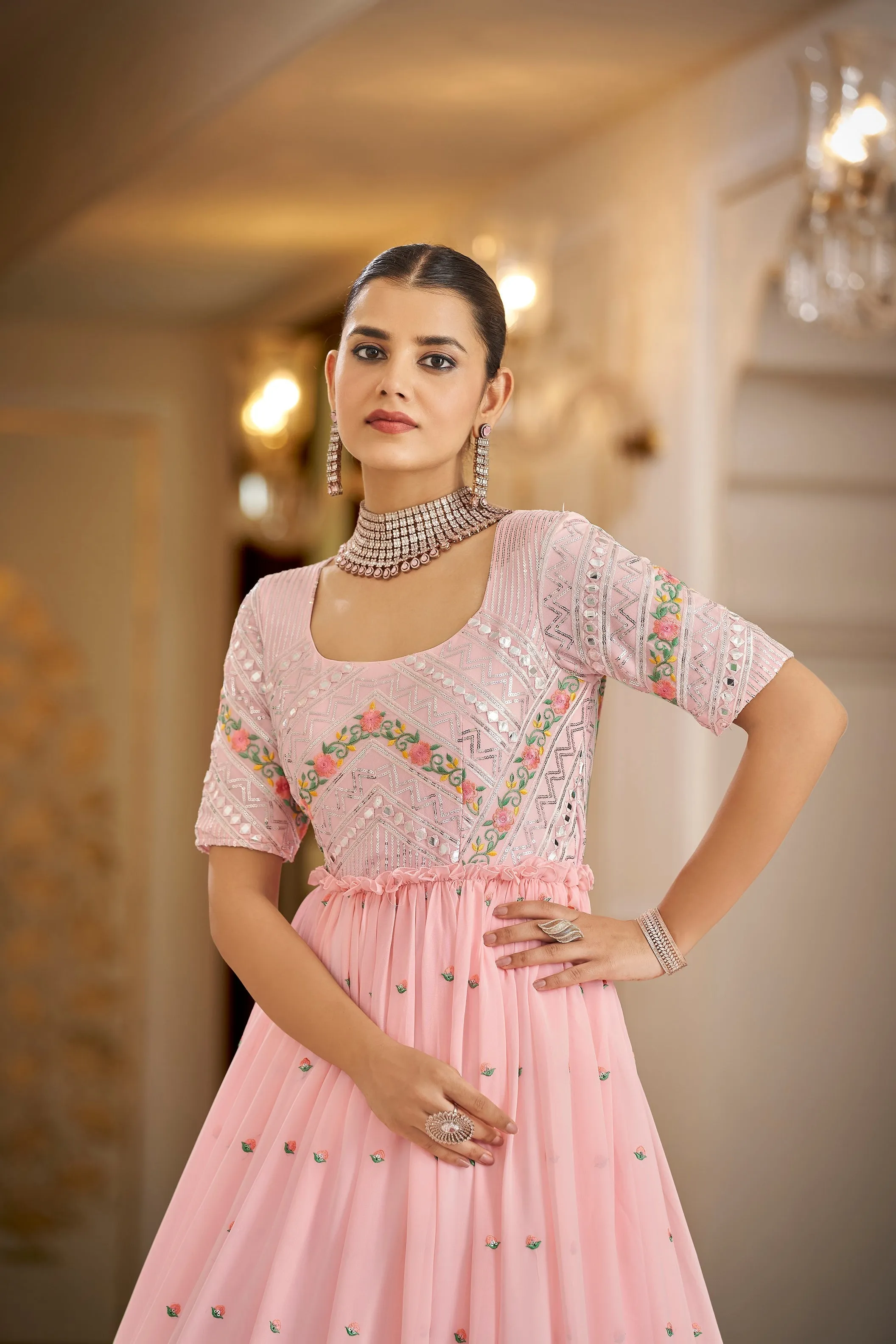 Party Wear Pink Color Thread & Sequins Embroidered Work Anarkali Gown