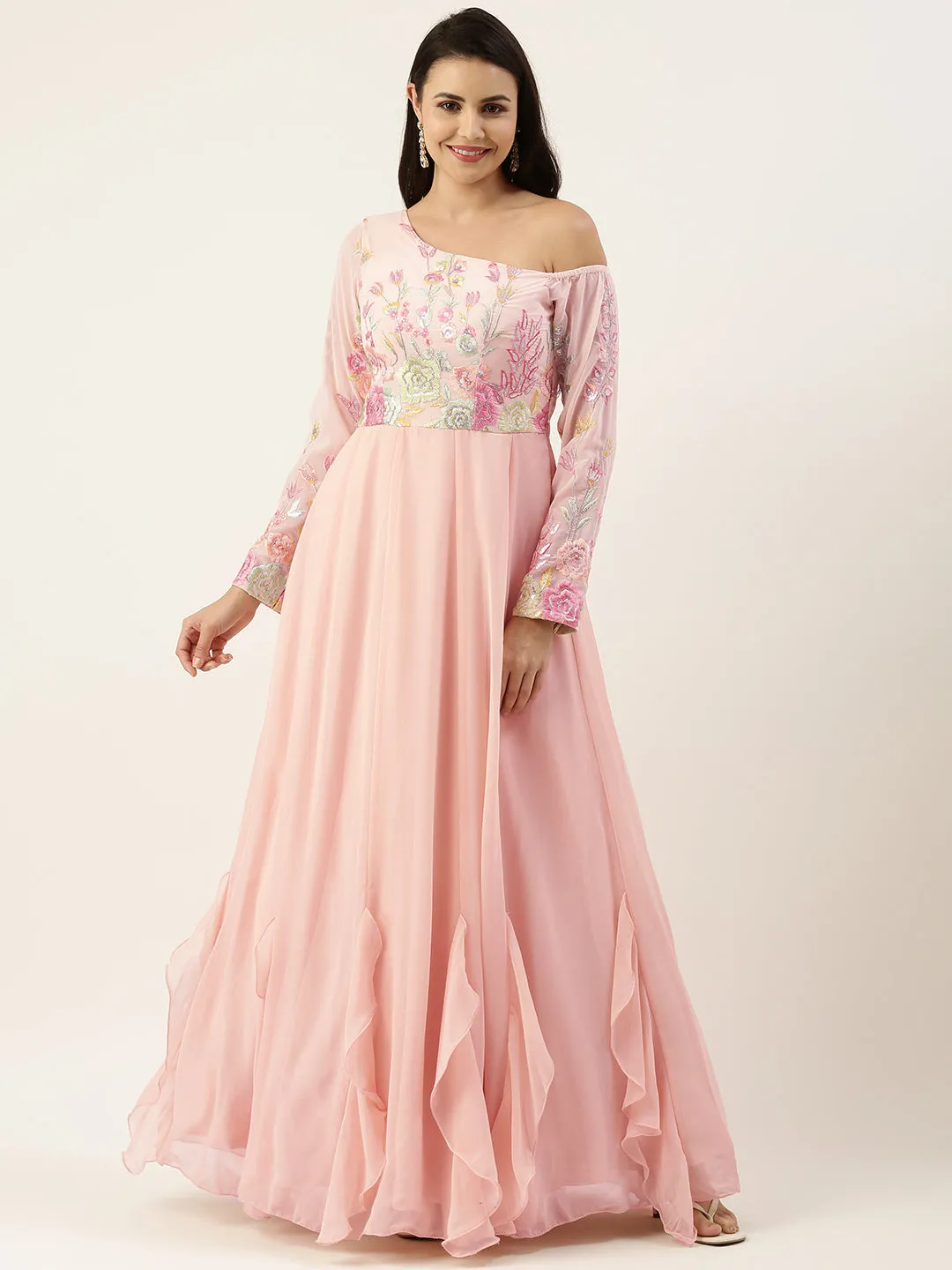 Peach Embroidered One Shoulder Ruffle Gown