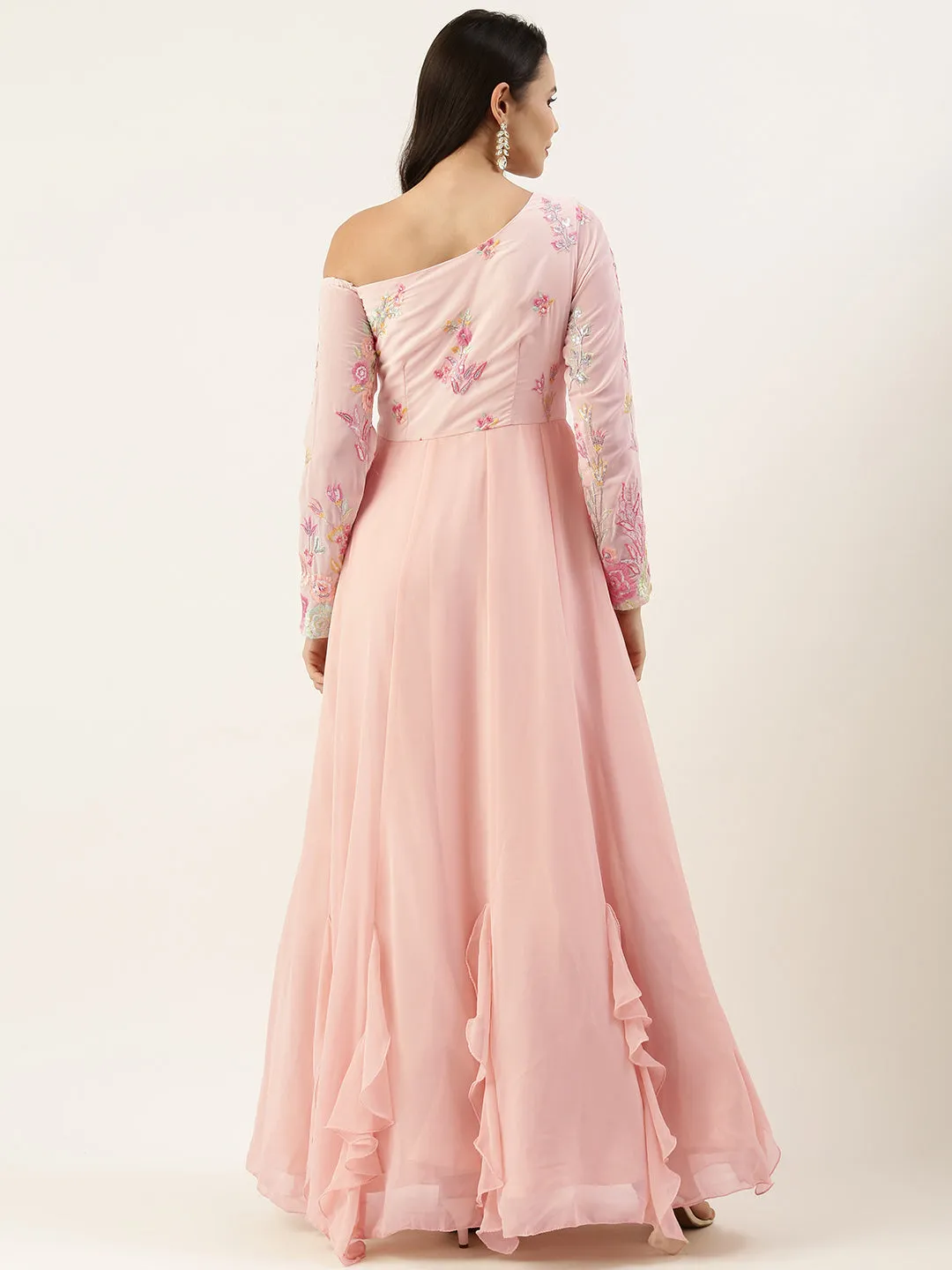 Peach Embroidered One Shoulder Ruffle Gown