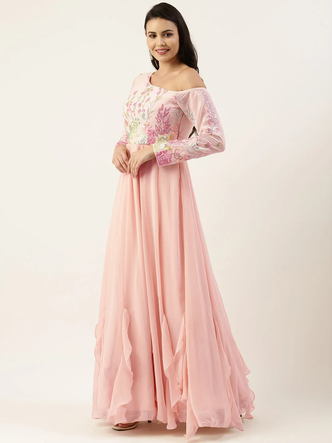 Peach Embroidered One Shoulder Ruffle Gown