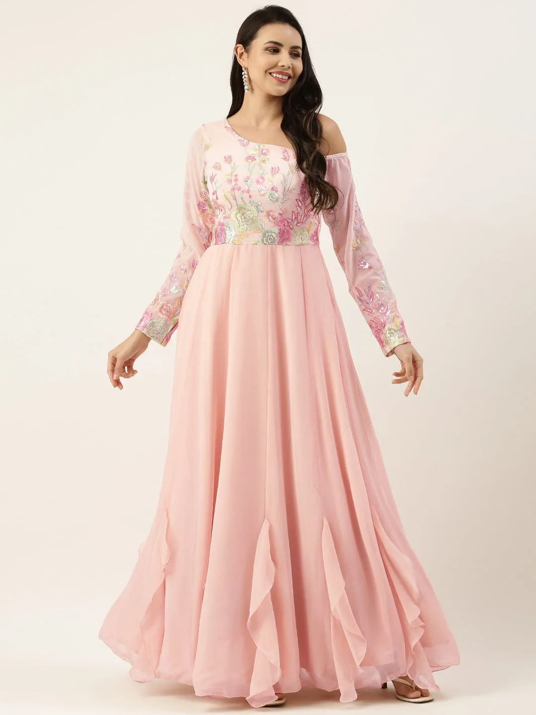 Peach Embroidered One Shoulder Ruffle Gown