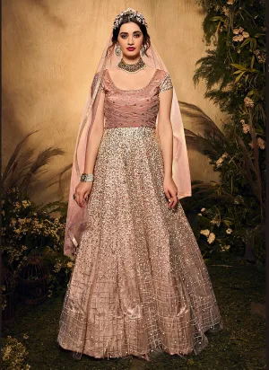 Peach Golden Sequence Embroidered Designer Wedding Gown