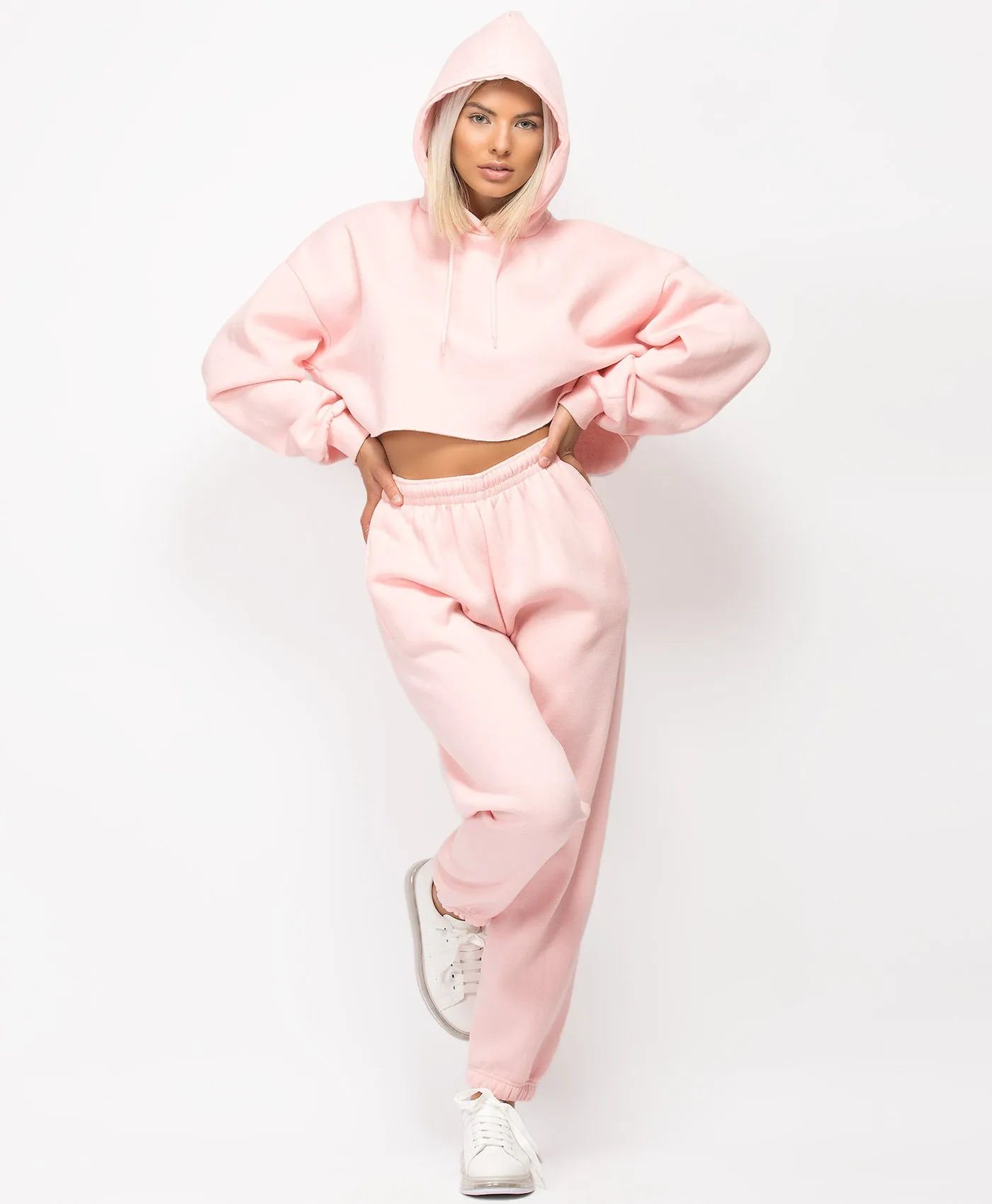 Pink Oversized Cropped Hoodie & Joggers Loungewear Set