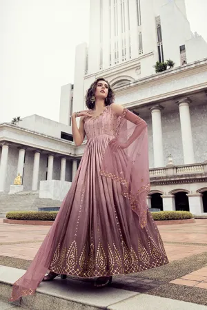 Pink To Dusty Multi Color Chinon Thread And Sequence Embroidered Work Gown