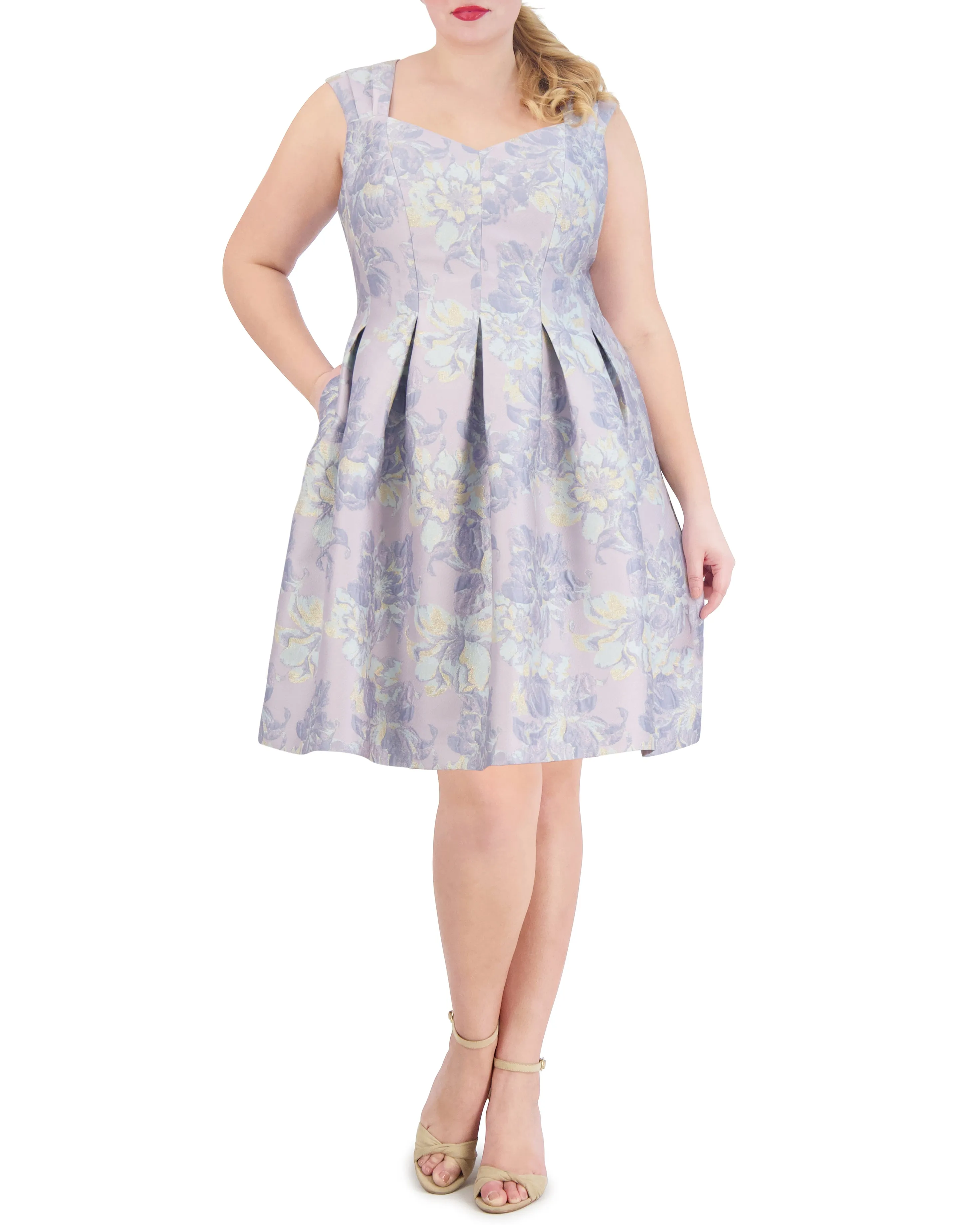 Plus-Size Floral-Jacquard Pleated Fit-And-Flare Dress